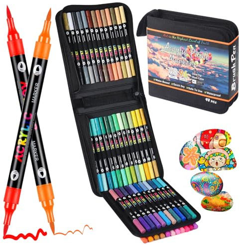 Patamiyar Pennarelli Acrilici Indelebili per Pietre, 96 Colori/48 Pcs Pennarelli a Vernice Acrilica, Matite Acriliche per Pietre, PennarelliVernice Acrilico per Legno Vetro Tela Carta Ceramica DIY