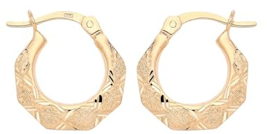 9ct Yellow Gold on 925 Sterling Silver Diamond Cut Hexagon Frosted Creole Hoop Earrings Ladies Girls