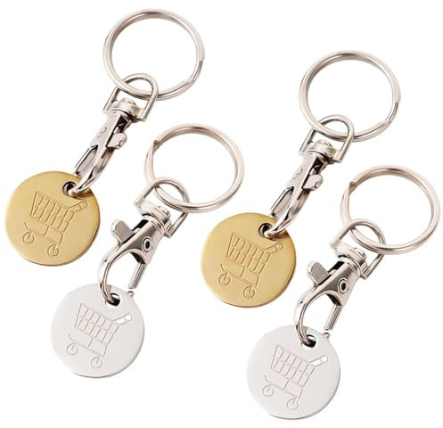 Fizzix 4pcs Stainless Steel Trolley Coin Keyring – Durable Shopping Trolley Coin Holder for Easy Cart Access, Practical Keychain Accessory