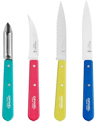 OPINEL Les Essentials Small Kitchen 4 Piece Knife Set - Paring Knife, Serrated Knife, Peeler, Vegetable Knife, Corrosion Resistant High Carbon Steel, Made in France (POP 80)