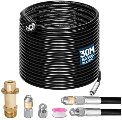 Juego de manguera de limpieza de tuberías de 30 m, limpiador de tuberías de alta presión con adaptador M22, boquillas rígidas + giratorias, limpiador de desagües, compatible con limpiadores de alta