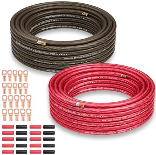 8 Gauge Wire Kit (10FT Each, Red/Black), Primary Automotive Wire, Battery Cable, Amp Wiring Kit, Car Audio Amplifier Power & Ground Cable, Car Fuse, 8AWG CCA, with 20 Heat Shrink Wrap, 20 Lugs