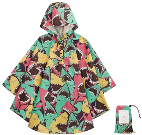 KAKU NANU Kids Poncho Waterproof Rain Poncho Reusable Toddler Rain Coat for Girls Boys Yellow Shark 3 4 5 Years
