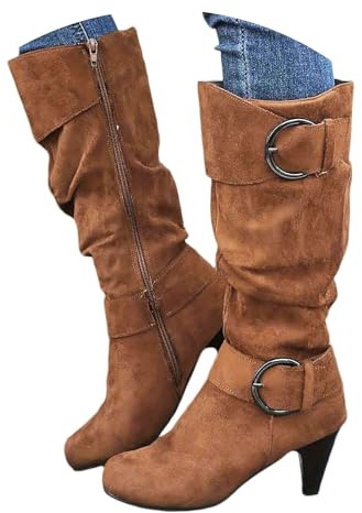 Xbemkste Stivali western da donna a gambo lungo con tacco in pelle scamosciata, stile vintage, stivali alti al ginocchio, caldi invernali, marrone, 37.5 EU