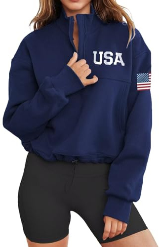 LEEDYA Womens Long Sleeve American Flag Sweatshirts Half Zip Oversized Casual Pullover Top Fall Graphic 4Th Of July USA Shirt, Navy Blue, Medium