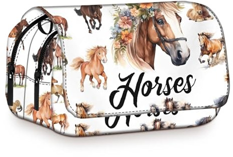 Clyrax Federpenal Pferde, Oxford Gewebe Federtasche Mädchen, Doppellagige Große Kapazität Pencil Case, Federtasche für Schüler Schule Büro, Pferd Geschenk für Liebhaber, 20x10x7.5 cm
