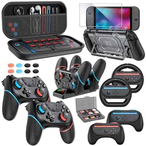 Switch 2 Pro Controller Accessories Bundle for Nintendo Switch 2 (2025), 21-in-1 Kits: Wireless Controllers,Carrying Case,Charger Dock,Grips for Joy Con,Steering Wheels for Mario Kart,Protective Cover