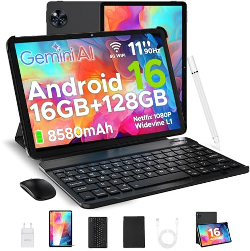 U11 Android 16 Tablet 11 Pulgadas Gemini AI, 16GB RAM+128GB ROM/2TB TF, 8580mAh, Tablet con Teclado, Lápiz, Unisoc T7200 Octa-Core,90Hz, 13MP+5MP/WiFi 5G/Face ID/Widevine L1/GMS/GPS/OTG/Audio 3.5mm