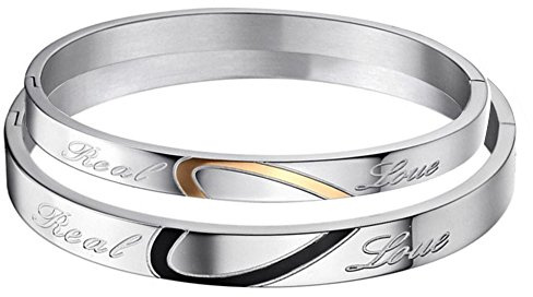 Cupimatch Coppia Lovers Braccialetto Bracciale Acciaio Inox Puzzle Cuore Real Love Argento Nero Oro(1 Coppia) Regalo Perfetto
