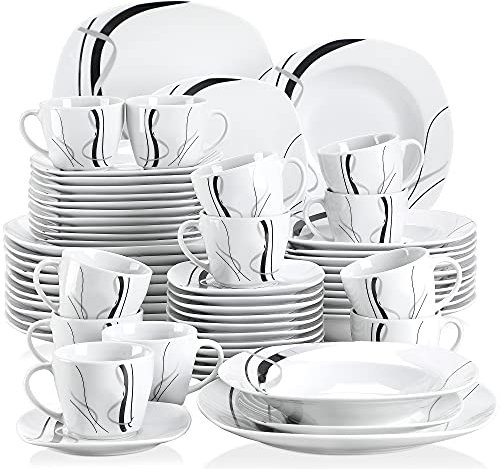 VEWEET Fiona Service de table 60 pièces en porcelaine avec assiettes à dessert, assiettes creuses, tasses, soucoupes, pour 12 personnes, passe au lave-vaisselle et au micro-ondes