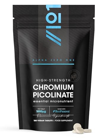 Chromium Picolinate 1000mcg with BioPerine - 180 Vegan Tablets – Blood Sugar + Metabolism Support – 6 Months Supply - Resealable and Recyclable Pouch by Alpha01