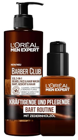 L'Oréal Men Expert Bartpflege-Routine für Männer, Mit XXL Bartshampoo und XXL Bartöl, Set für Herren mit holzigem Duft und ätherischem Zedernholzöl, Barber Club, 2-teilig