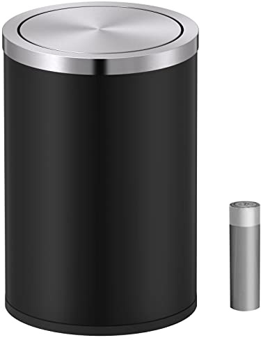 Mbillion Small Trash Can with Swing Lid 2.4 Gallons/9 Liter, Mini Trash Can with lid, Stainless Steel Cylindrical Garbage Can for Home and Office Bathroom Bedroom, for Ground and Desktop(Black)