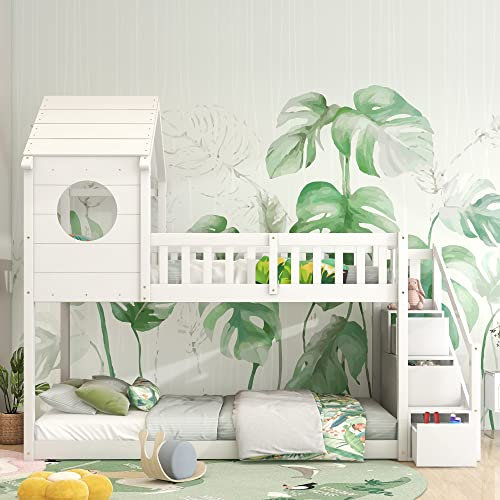 KecDuey 90 x 200cm Kinderbett,Etagenbett,Baumhausbett Ins und aus dem Bett kommen,Hausbett in Hausform mit Leiterschrank, Lattenrost ohne Matratze