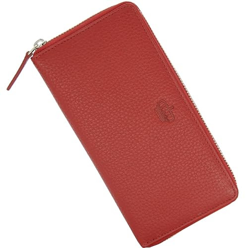 Baur Damen Geldbörse Echt Leder Geldtasche | Geldbeutel mit RFID Schutz | Großes Portemonnaie viele Kartenfächer | Wallet mit Rundum-Reißverschluss | Portmonee | Damen-Geldbörsen (Rot)