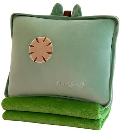 Rikyo Juego de manta de viaje y almohada de 38 cm, almohada de peluche 3 en 1 con manos cálidas para niños, regalo de viaje, avión, tren, cama, siesta de oficina (verde-kiwi)