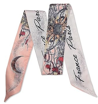 LumiSyne Foulard En Soie Étroit Pour Femmes Et Filles - Écharpe Maigre Longue Imprimée Fleur Et Lettre - Style Artistique Romantique - Satin Cravate Cheveux Bandeau Au Poignet Poignée Ruban
