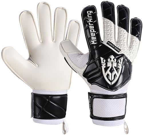 Keeperking SP 2.0, Junior, Jugendliche, Erwachsne, Kinder Torwarthandschuhe mit Fingersaves, Torwarthandschuhe Herren aus Latex mit starkem Griff und abnehmbarem Fingerschutz (4, Schwarz-weiß)