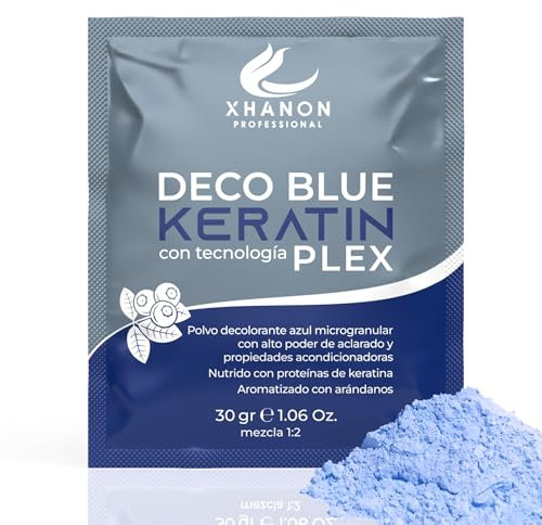Xhanon - Polvos decolorantes de Cabello - 8 tonos de Aclarado - Decolorante pelo Profesional - Aroma Arándanos - Decoloracion Azul con Tecnología PLEX y Keratina (+ Crema Oxigenada 30 Vol)