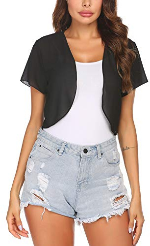 Zeagoo Dambolero chiffong kort ärm elegant kort passform kort lätt transparent sommar bolero, Svart, XL