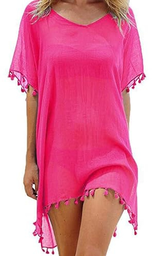 Qianderer Women Cover Ups Beachwear Crochet Hollow Out Beach Dress Summer Bikini Swimsuit Cover Up Bathing Suit (Pink, One Size)