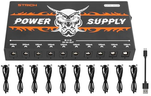 STRICH SPS-40B Wiederaufladbarer Akku Gitarre Effektpedal Netzteil mit eingebautem 10000mAh 10 Ausgängen DC 9V (2x300mA, 8x100mA) Buchsen für Gitarre Bass Pedale, 5V/1A USB Port für Telefon