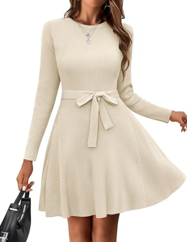 Hotouch Maglione Donna Caldo a Maniche Lunghe Girocollo Abito in Maglia Stile Casual Linea ad A con Cintura Elegante Midi Beige XI