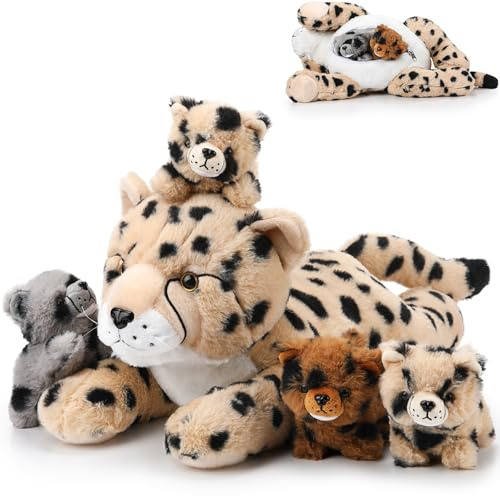 Zomiboo Set 5 Animaux en Peluche Guépard Grande Peluche Maman Guépard 4 Bébés Guépards Doux et Câlins dans Son Ventre pour Garçons Filles Anniversaire Cadeaux Fin d'Études Décors Fête(Style Allongé)