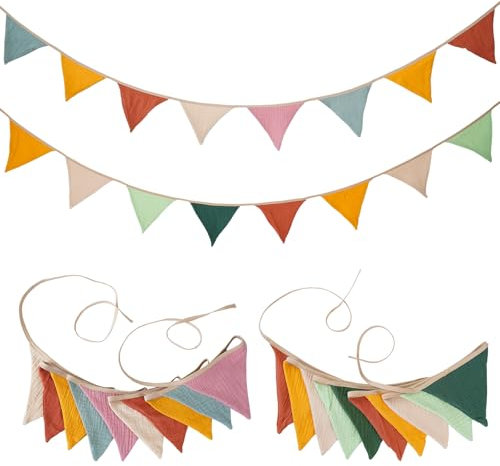 2 Pièce Fanions Guirlande, 2,6M Fanion en Coton Triangulaire, Coton Bannière Vintage de Drapeau Triangulaire en Tissu, Guirlande de fanions Double Face en Tissu, Chambre bébé à Suspendre