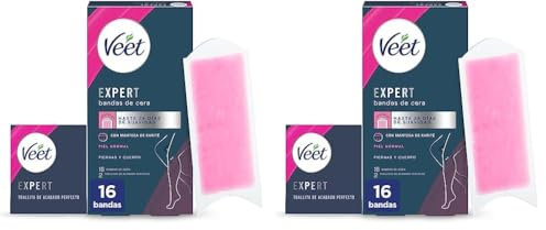 Veet Expert Bandas de Cera Fría Depilatoria para Depilación de Piernas y Cuerpo, con Manteca de Karité, 16 tiras (Paquete de 2)