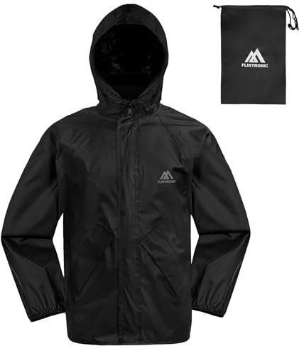 flintronic Veste imperméable pour Enfant, Veste de Pluie pour Enfants avec Capuche pour Fille garçon, Coupe-Vent, léger et Respirant, Noir, L