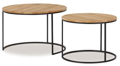 KHG Couchtisch 2er Set Massiv-Eiche Rund, Tischplatte aus Wildeiche Kufen-Gestell aus Metall schwarz fürs Wohnzimmer, 10kg belastbar, 75x75x50 cm