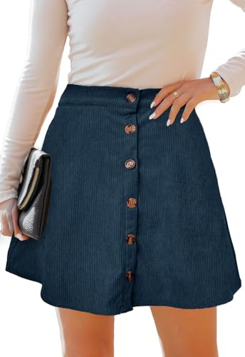 Alaster Queen Minigonna da donna in velluto a coste con bottoni sul davanti, linea ad A, vintage, plissettata, con tasche a cordoncino, gonne per, Blu, S