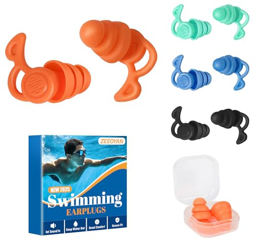 Waterproof Swimming Ear Plugs for Adults, 4 Pairs Reusable SiliconeSwim Earplugs Perfect for Surfing, Showering and Other Water Sports - Keep Water Out (Orange + Green + Blue + Black)