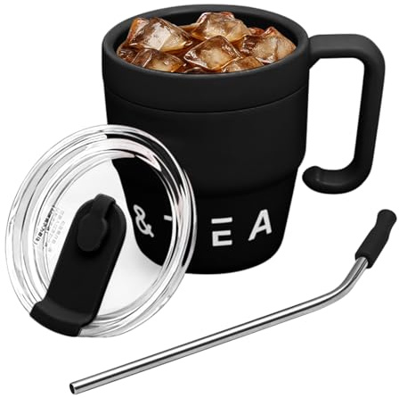 480 ml rostfritt stål muggar kopp med sugrör, metall kaffekopp med handtag och lock, vakuumisolerad kaffe resemugg (svart)