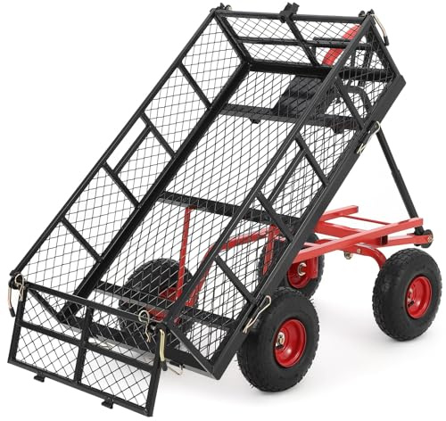Carro de jardín con lados extraíbles, carro de acero robusto de hasta 400 kg, carro de transporte con mango giratorio de 180° y ruedas de barandilla de 10 pulgadas, carro de mano, cama plana para
