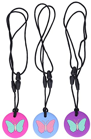 Fdit Collar de Dentición de 3 Piezas, Juguete para Masticar con Patrón de Mariposa de Silicona Suave, Juguetes para la Dentición del bebé para Autismo, TDAH y Terapia Motora Oral