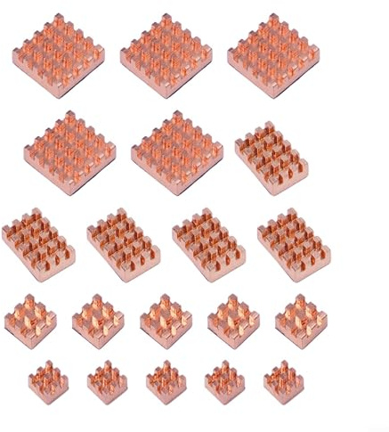 Ren koppar kylfläns kit för Raspberry Pi 4B och Pi 5, 20 st set med 15 x 15 x 5 mm 15 x 10 x 5 mm 8 x 5 mm 6 x 6 x 5 mm kylfenor, tyst CPU-kylare för optimal termisk avledning