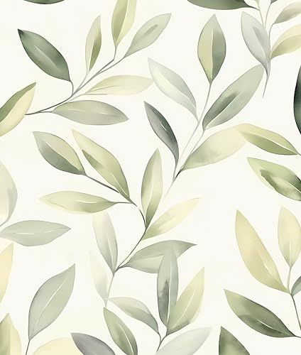 Laatse Green Leaf Wallpaper Peel and Stick, Vintage Beige Eucalyptus Contact Paper 17.5 x 393.7, Botanical Leaves Wall Paper Self Adhesive Removable Waterproof for Bedroom Shelf Cabinet Drawer Table