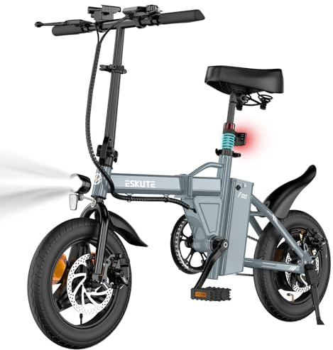 ESKUTE Mini E-Bike Klapprad 14 Zoll, Faltbares Elektrofahrrad 250W (EU-konform), mit USB-Ladeanschluss, Integrierter 36V 9Ah Akku, Reichweite 25-50KM, Grau