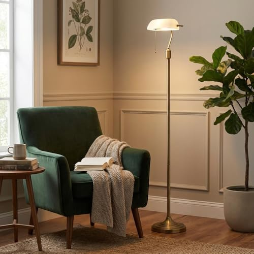 BARCELONA LED Lampadaire Vintage BANQUIER E27 avec Abat-jour en Verre Blanc Orientable et Corps Doré ou Cuivré, Style Industriel Rétro Moderne, Lampe pour Restaurant, Chambre et Escalier