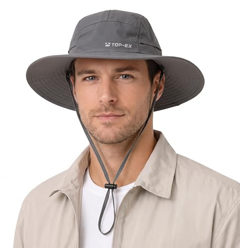 TOP-EX Waterproof Mens Sun Hat Wide Brim UPF 50+ Bucket Hat for Women Sun Protection Boonie Outdoor Safari Pakcable Dark Grey Medium