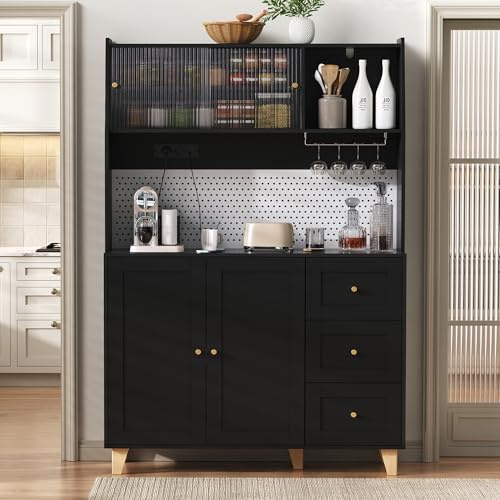 luckdect Armoire de Cuisine avec Prises éLectriques Et Panneaux PerforéS, Meubles de Bar avec Porte-Verres à Vin Et Espace de Rangement, Armoire de Rangement à Tiroirs pour Le Salon