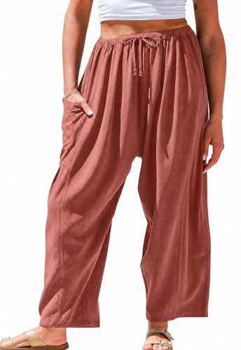 DVDVBOOM Womens Linen Wide Leg Pants Casual Loose Drawstring Summer Beach Travel Vacation Palazzo Harem Pants