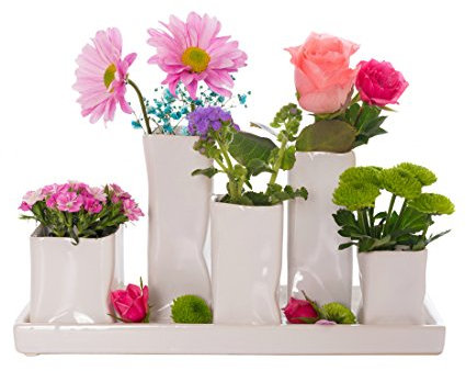 Jinfa Handgefertigte kleine Keramik Deko Blumenvasen Set aus 5 Vasen – ideal für Pampasgras, Trockenblumen, Bunny Tails und Boho Dekoration