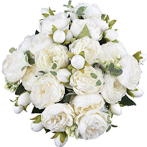 XONOR 4 Bouquets de Fleurs artificielles en Soie Pivoine Artificielle Fausse Fleur glorieuse pour la décoration de Maison Nuptiale de Noce, 5 fourchettes, 9 têtes (Blanc)