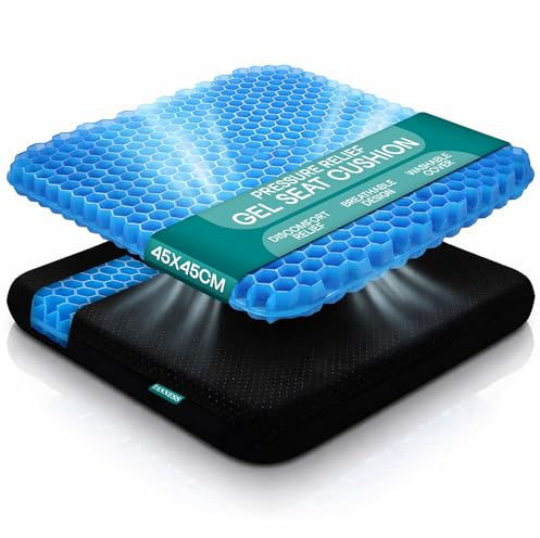 TANNESS - Large Gel Seat Cushion for Long Sitting – 45x45cm, Orthopedic Memory Foam Support Cushion for Sciatica, Tailbone and Hip Pain - Pressure Relief on the Back