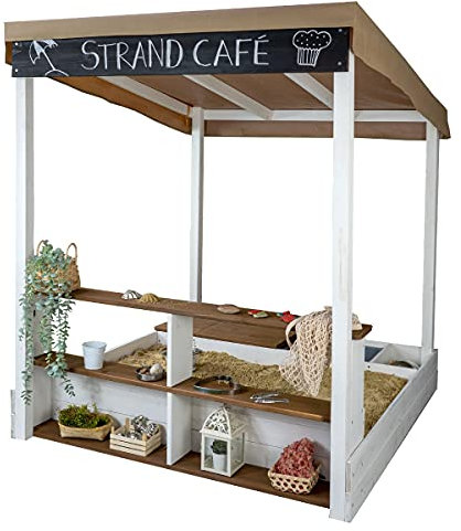 Meppi Sabbiera Travemünde bianco/marrone in legno resistente alle intemperie – Sandbox con piano di vendita, scaffale