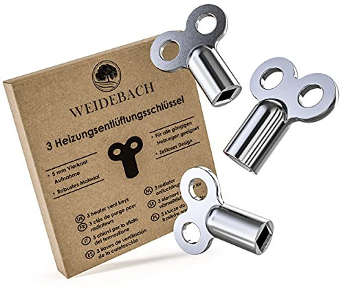 3x WEIDEBACH® llave de radiador plateada, para purgar cualquier radiador, ROBUSTO Y ESTABLE, reduce el ruido, llave para purgar radiadores
