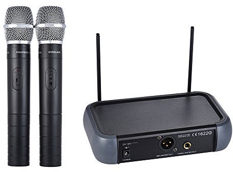 summina Micrófono de mano inalámbrico VHF de doble canal con función Eco 2 micrófonos y 1 receptor 210 – 280 MHz Distancia de trabajo 40 metros cable audio de 6,35 mm para karaoke fiesta familiar